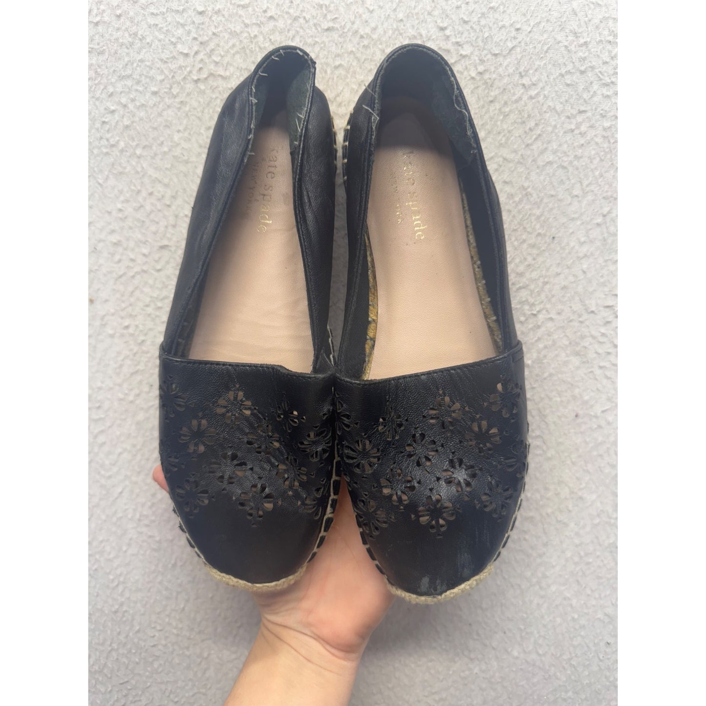 Kate Spade Black Leather Floral Cutout Espadrille Flats Size 7 #9804