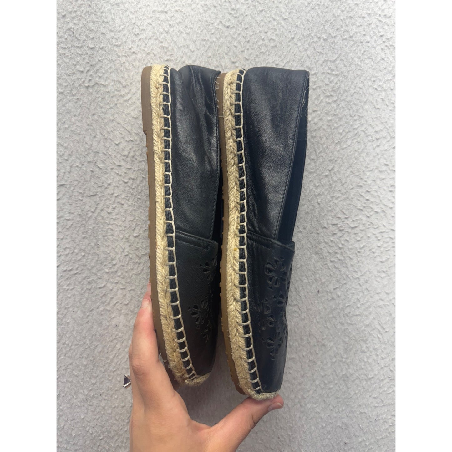 Kate Spade Black Leather Floral Cutout Espadrille Flats Size 7 #9804