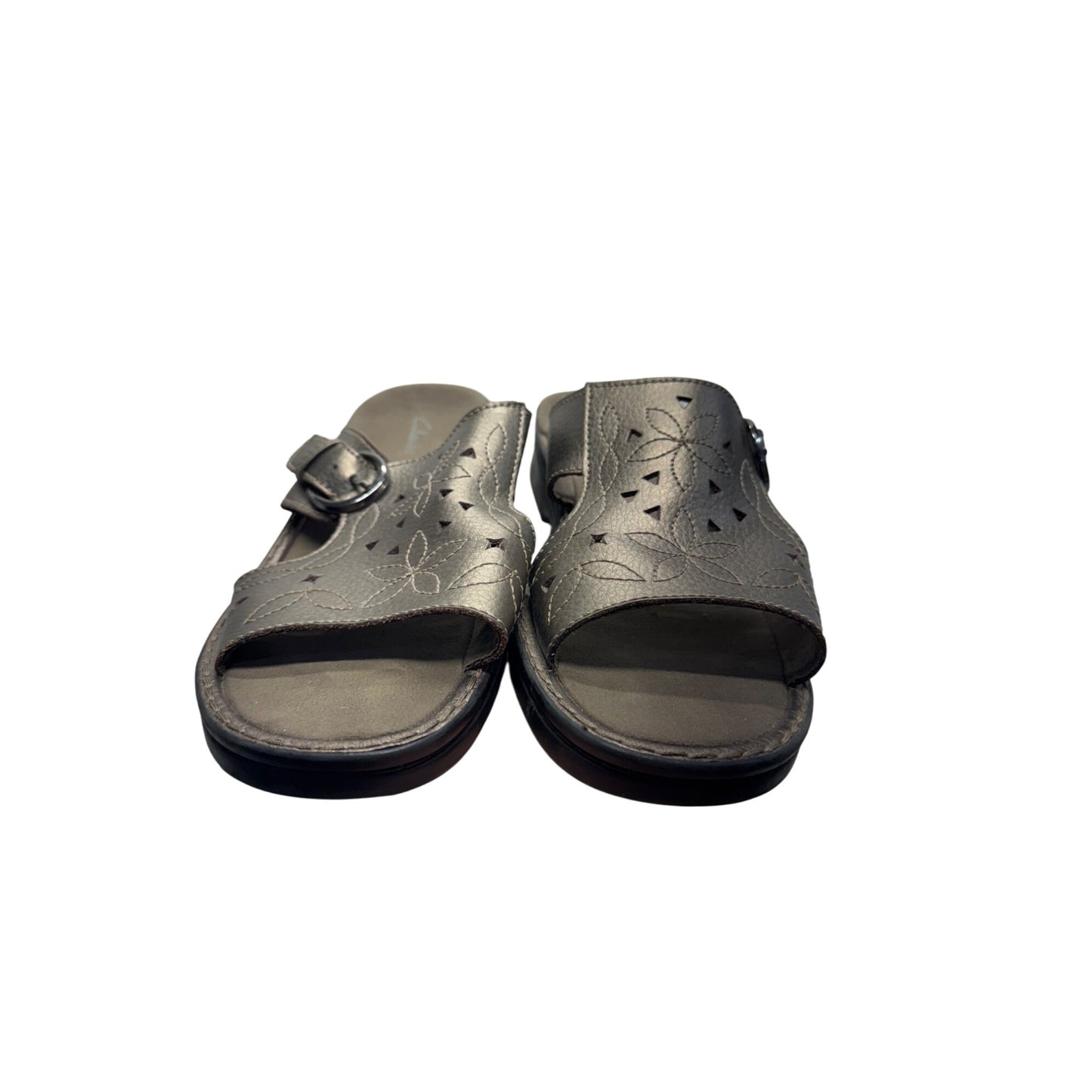 Clarks Metallic Leather Slide Sandals W Buckle & Floral Cutouts Size W7 88B