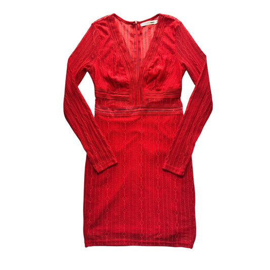 Morning Mist Red Lace Long Sleeve V-Neck Midi Dress Size 10 #9985