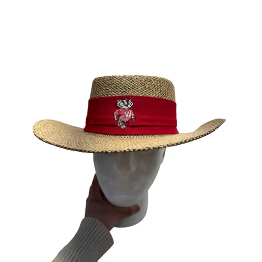 Straw Boater Hat With Red Band & Embroidered Wisconsin Badgers Logo #99B