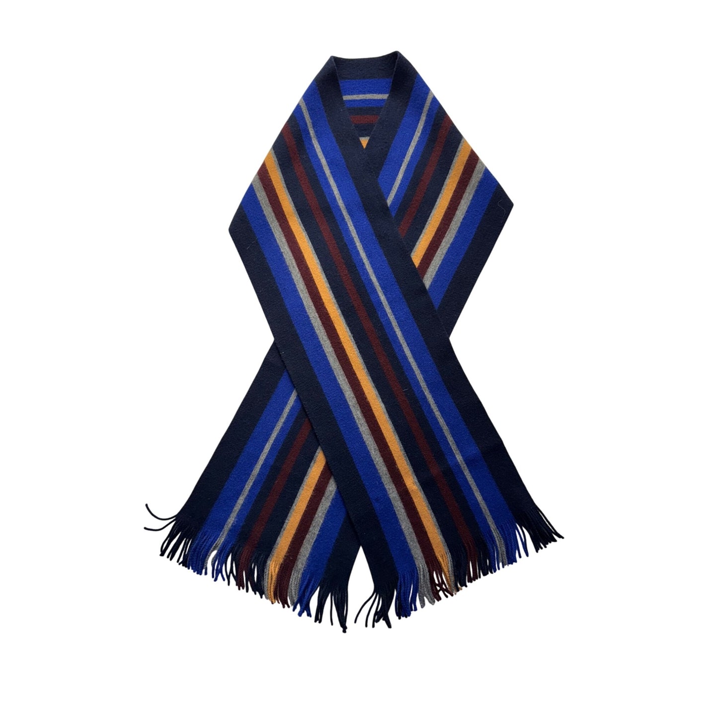 Striped Wool Scarf With Fringe By Bloomingdales - Navy Blue Burgundy Gold #9500