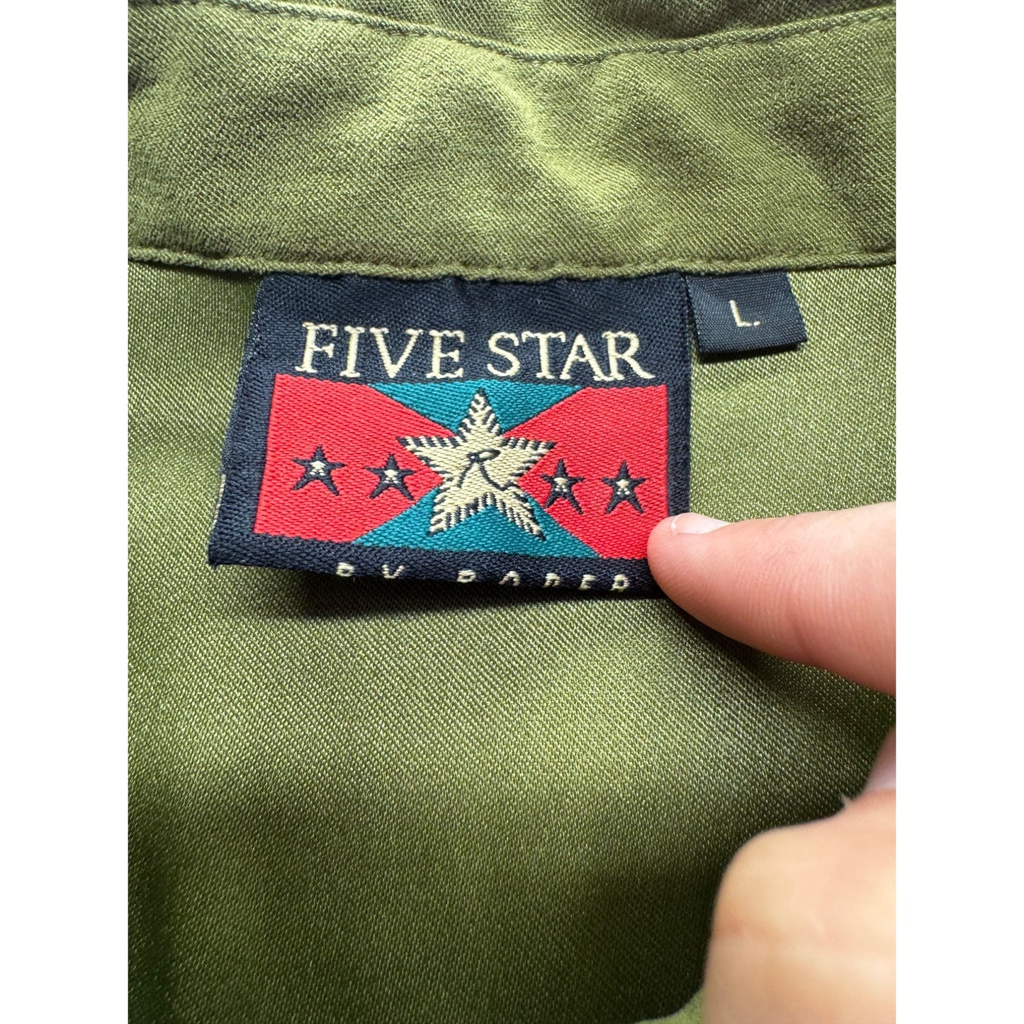 VTG Star Olive Western Style Button-Up Shirt L Polyester/Spandex #7977