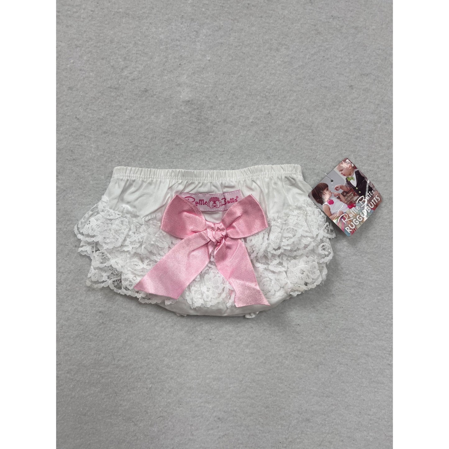 Baby White Lace Ruffle Bloomers With Pink Bow By Ruffle Butts #8538