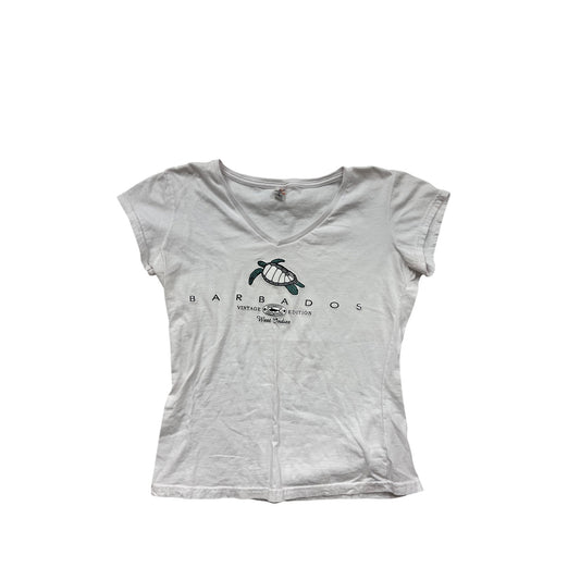 Womens XL Barbados Vintage Edition T-Shirt White V-Neck Turtle Design 100% Cotton #6582