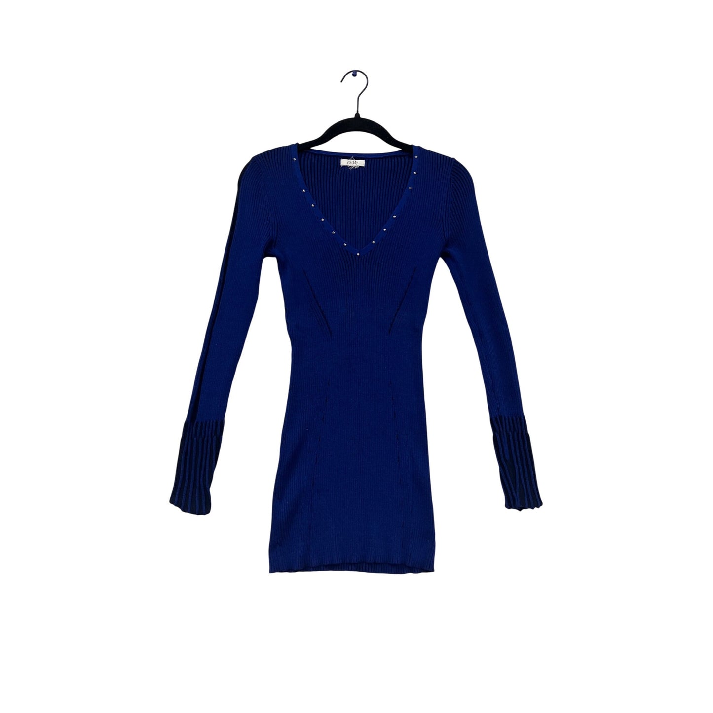 Cache Blue Ribbed V-Neck Long Sleeve Sweater Dress With Studded Neckline #627A