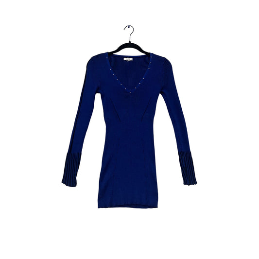 Cache Blue Ribbed V-Neck Long Sleeve Sweater Dress With Studded Neckline #627A