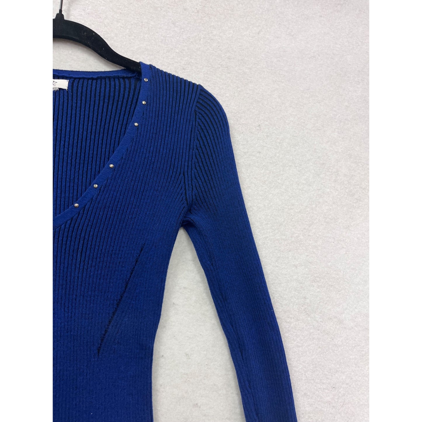 Cache Blue Ribbed V-Neck Long Sleeve Sweater Dress With Studded Neckline #627A