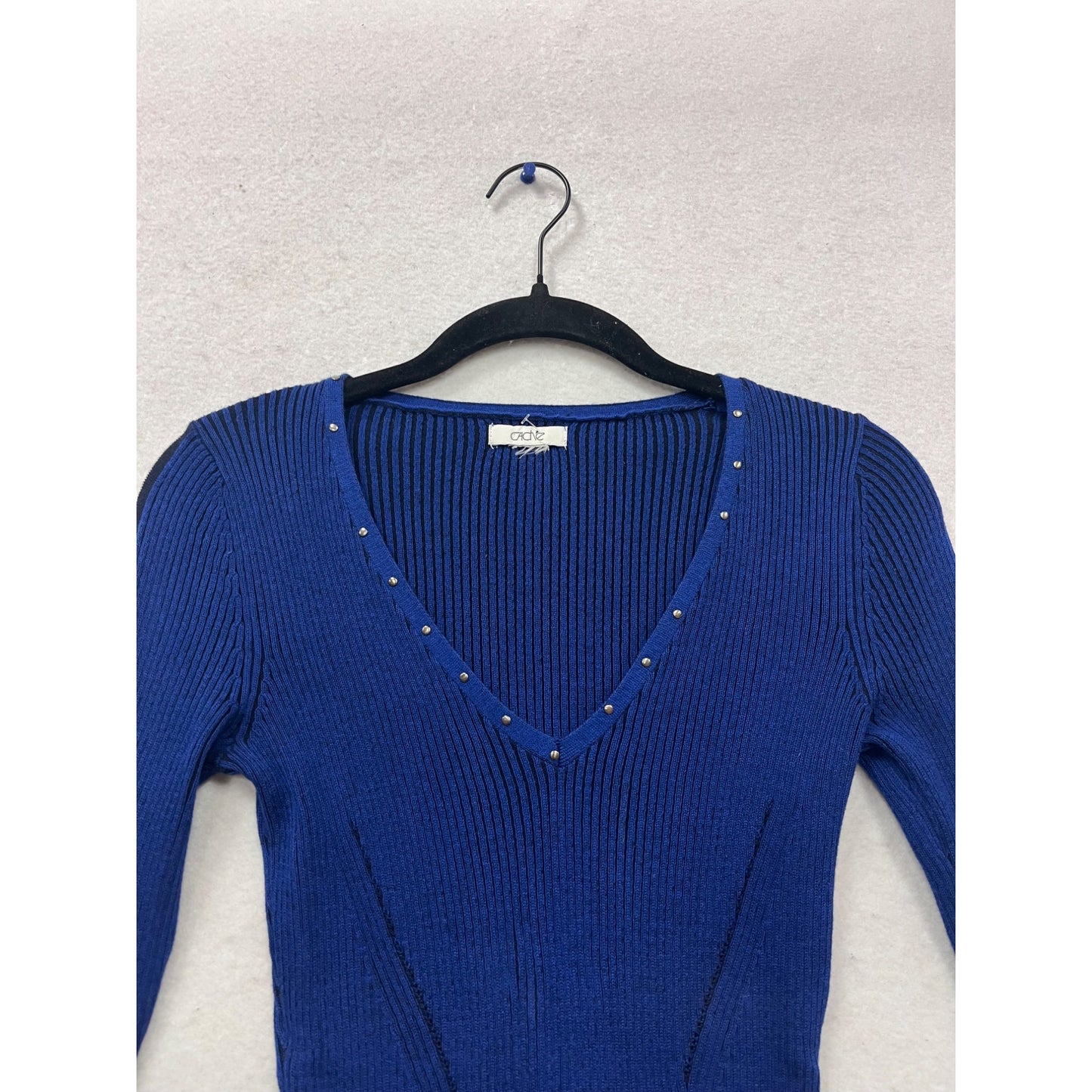 Cache Blue Ribbed V-Neck Long Sleeve Sweater Dress With Studded Neckline #627A