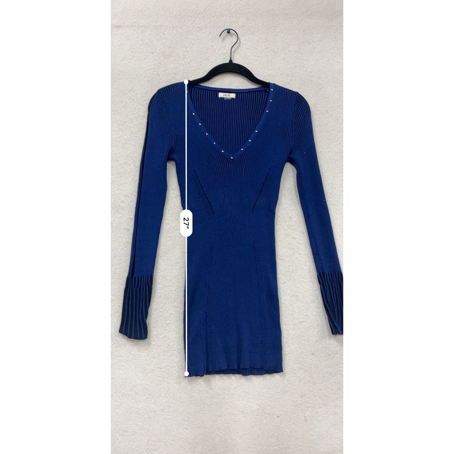 Cache Blue Ribbed V-Neck Long Sleeve Sweater Dress With Studded Neckline #627A