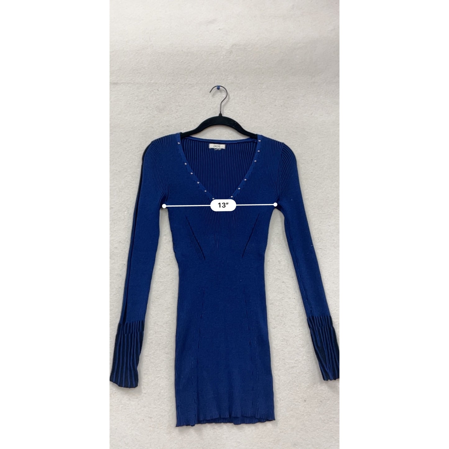 Cache Blue Ribbed V-Neck Long Sleeve Sweater Dress With Studded Neckline #627A