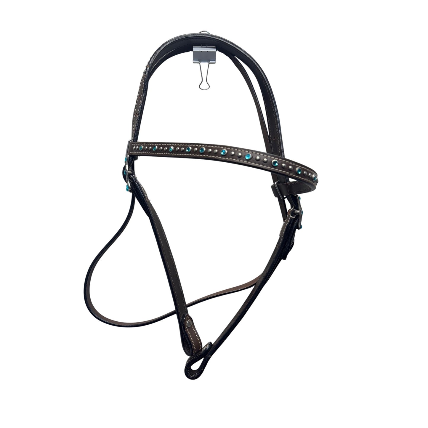 Brown Leather Horse Headstall With Turquoise Rhinestones & Silver Buckle #9889