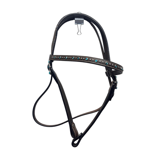 Brown Leather Horse Headstall With Turquoise Rhinestones & Silver Buckle #9889