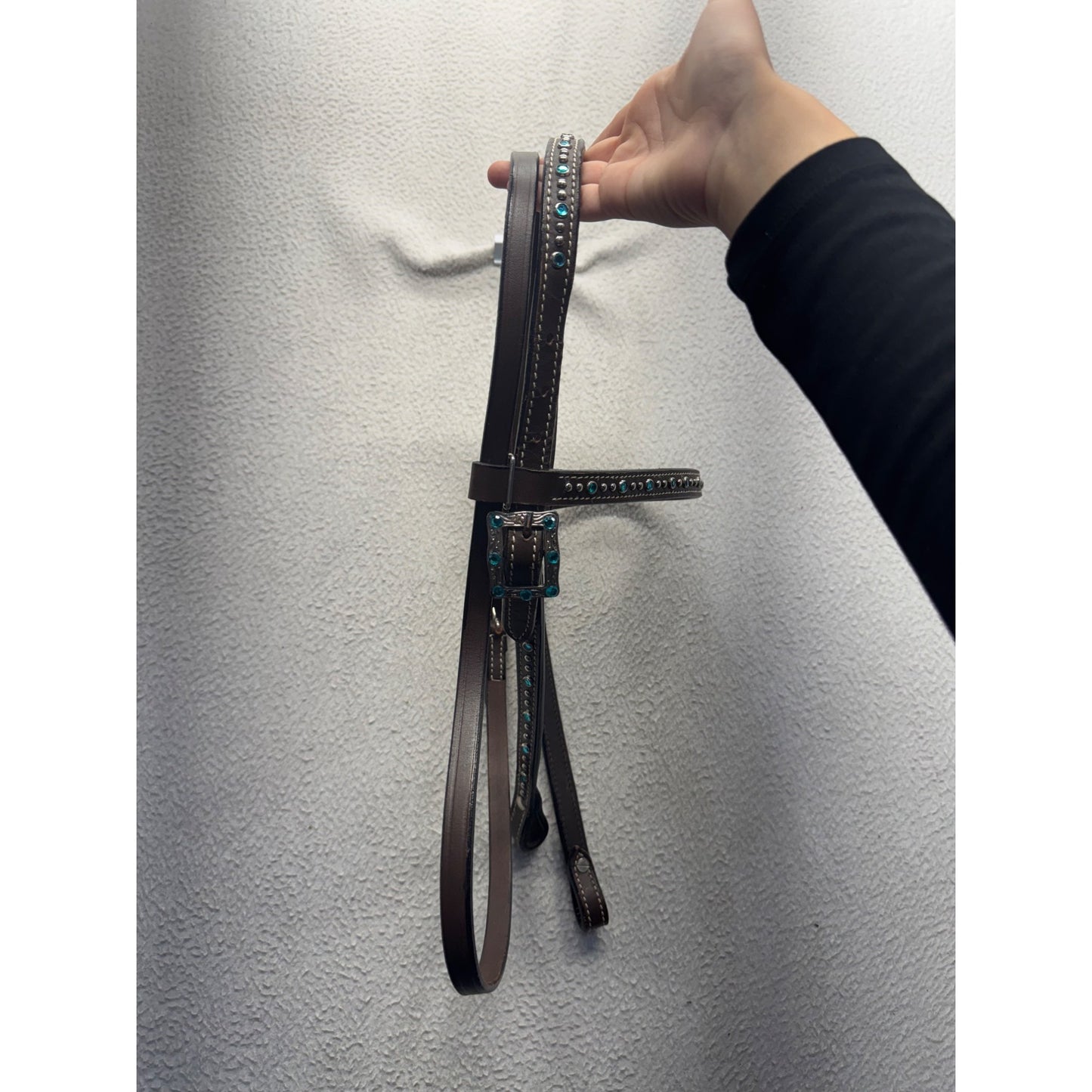 Brown Leather Horse Headstall With Turquoise Rhinestones & Silver Buckle #9889