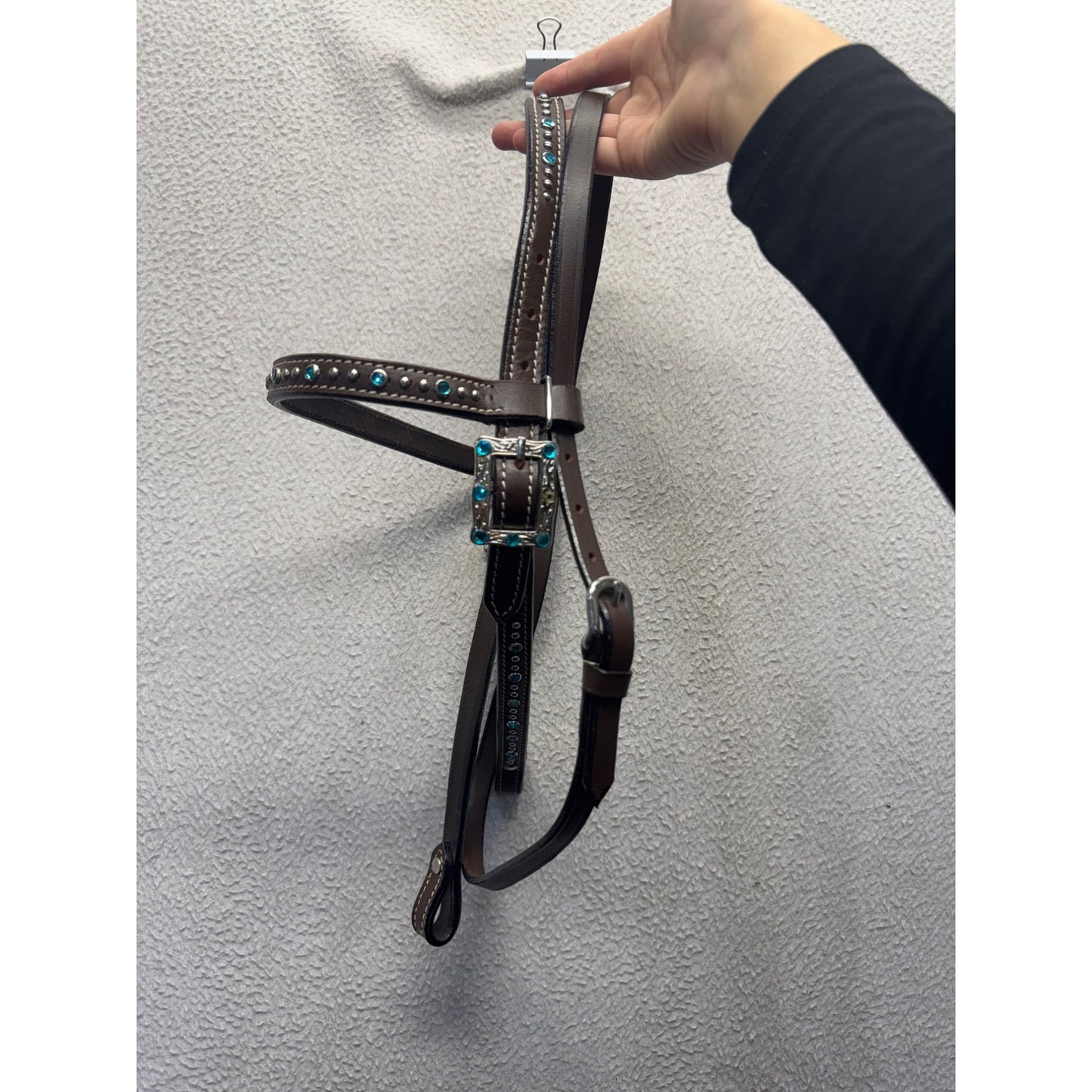 Brown Leather Horse Headstall With Turquoise Rhinestones & Silver Buckle #9889