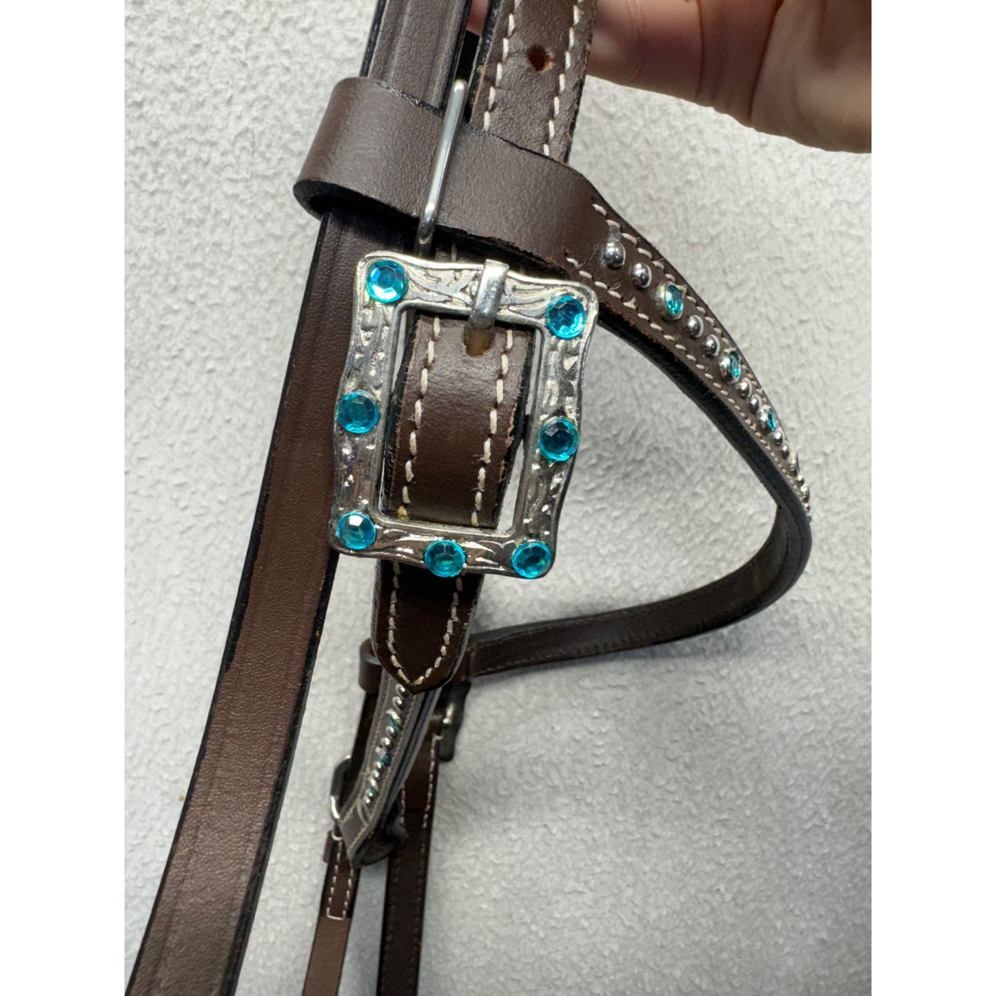Brown Leather Horse Headstall With Turquoise Rhinestones & Silver Buckle #9889