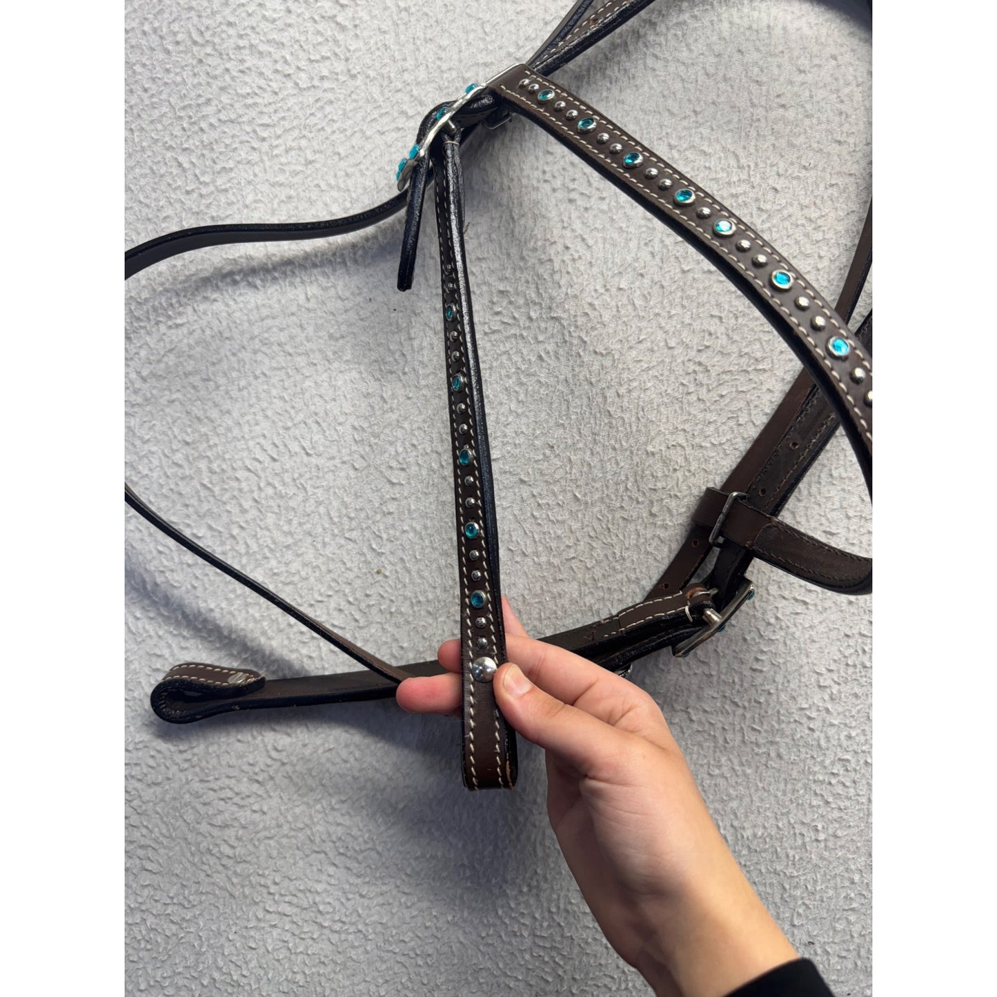 Brown Leather Horse Headstall With Turquoise Rhinestones & Silver Buckle #9889