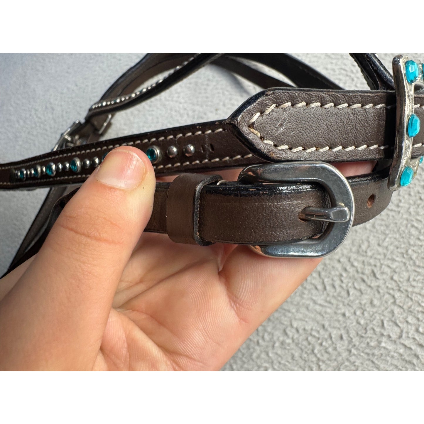 Brown Leather Horse Headstall With Turquoise Rhinestones & Silver Buckle #9889