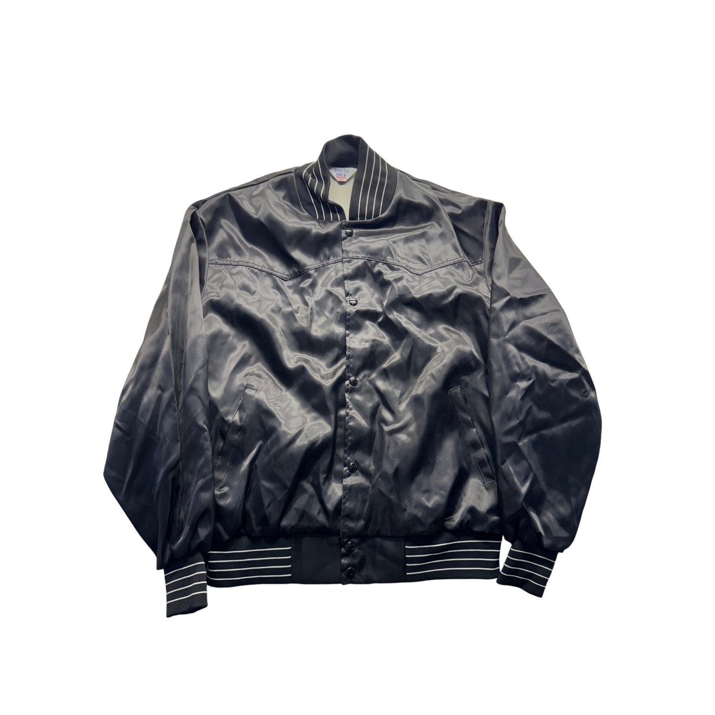 WestArk XL Black Satin Bomber Jacket Vets Whoa N Go Fuel Stops Vintage USA #9353