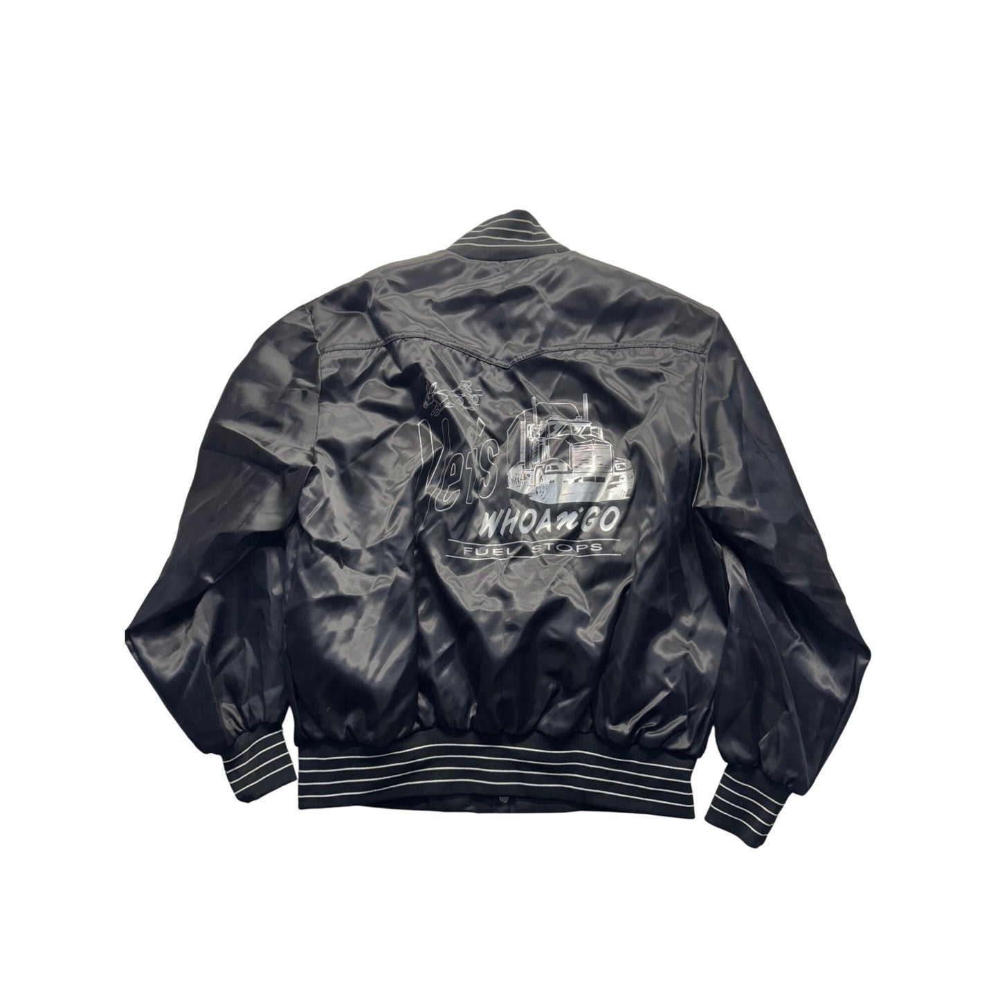 WestArk XL Black Satin Bomber Jacket Vets Whoa N Go Fuel Stops Vintage USA #9353