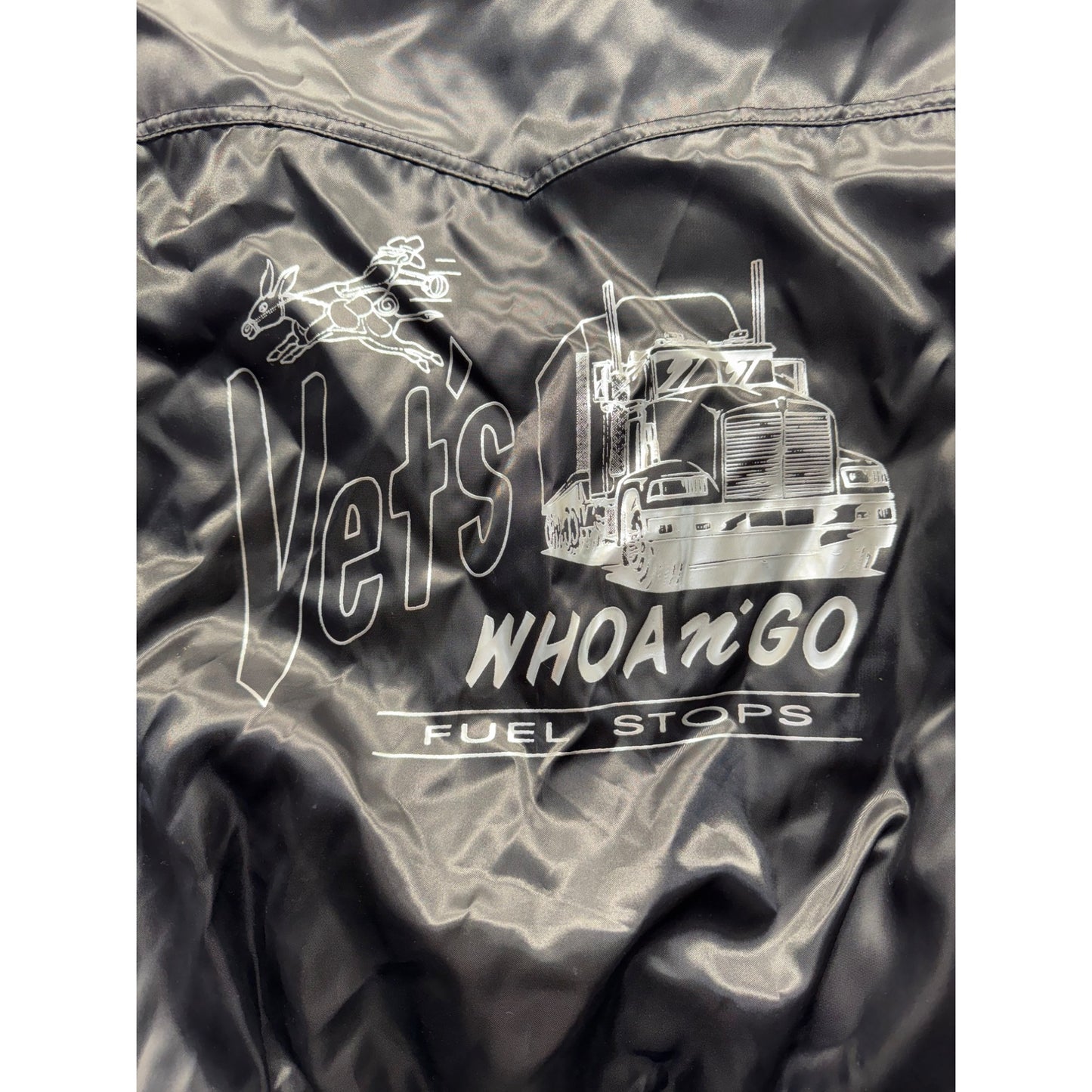 WestArk XL Black Satin Bomber Jacket Vets Whoa N Go Fuel Stops Vintage USA #9353