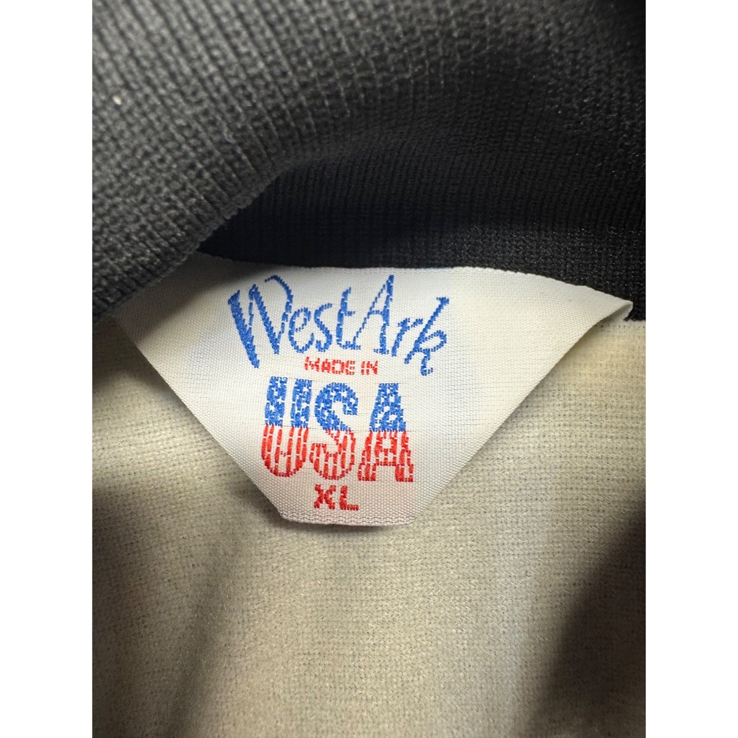 WestArk XL Black Satin Bomber Jacket Vets Whoa N Go Fuel Stops Vintage USA #9353