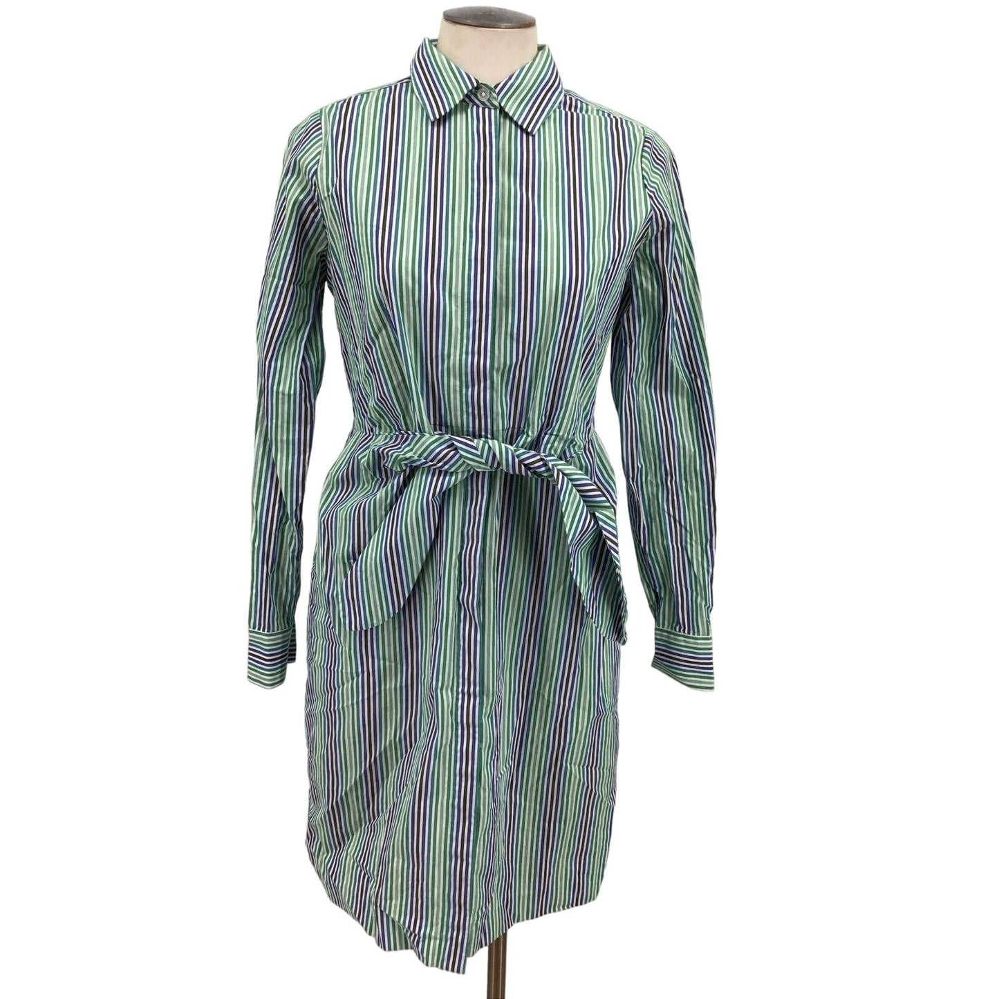 CALVIN KLEIN green blue pinstripe cotton shirt dress tie