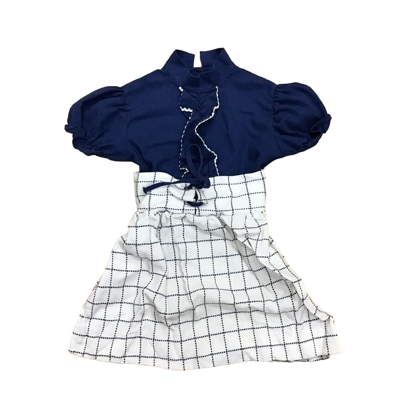 Navy & White Girls Dress With Ruffle Accent Puff Sleeves And Tie Waist - Button Back Closure - S XS #957