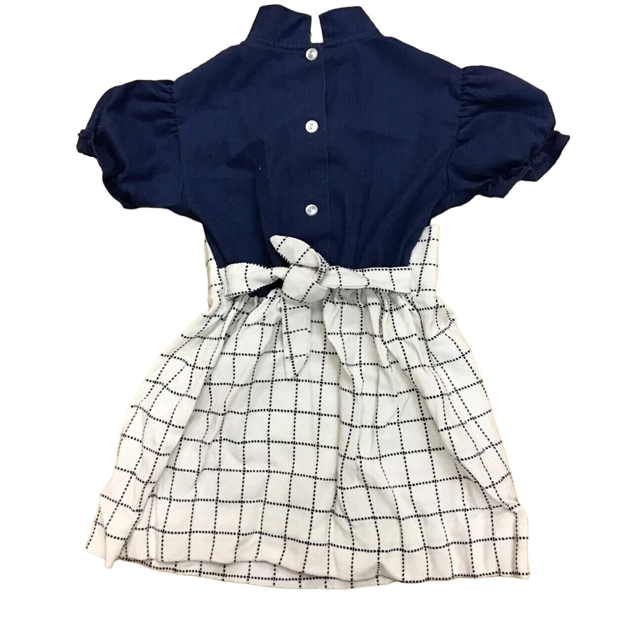 Navy & White Girls Dress With Ruffle Accent Puff Sleeves And Tie Waist - Button Back Closure - S XS #957