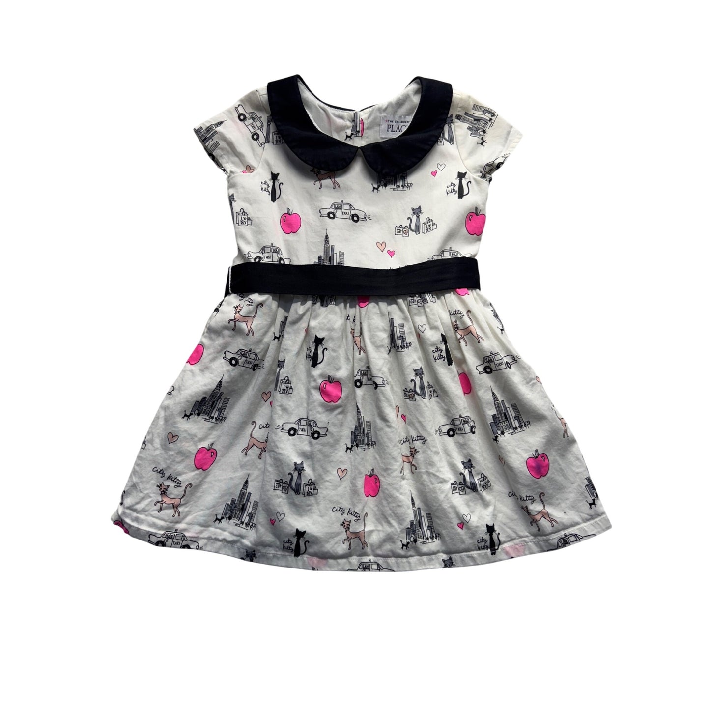 The Childrens Place 3T City Kitty Dress With Bow & Peter Pan Collar 258B