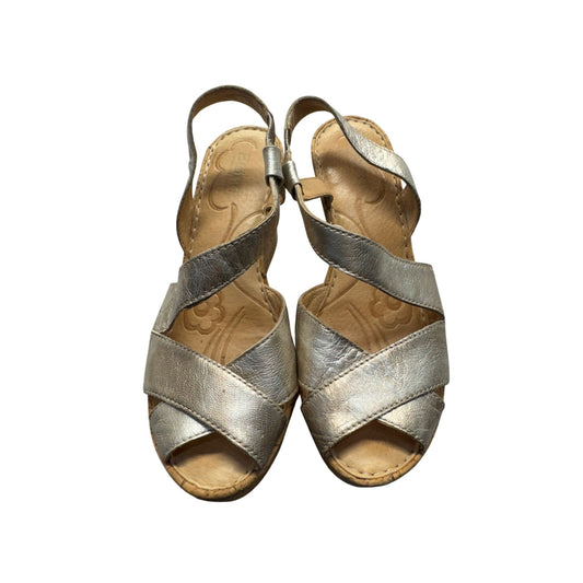 BORN Silver Leather Cork Wedge Sandals #9003