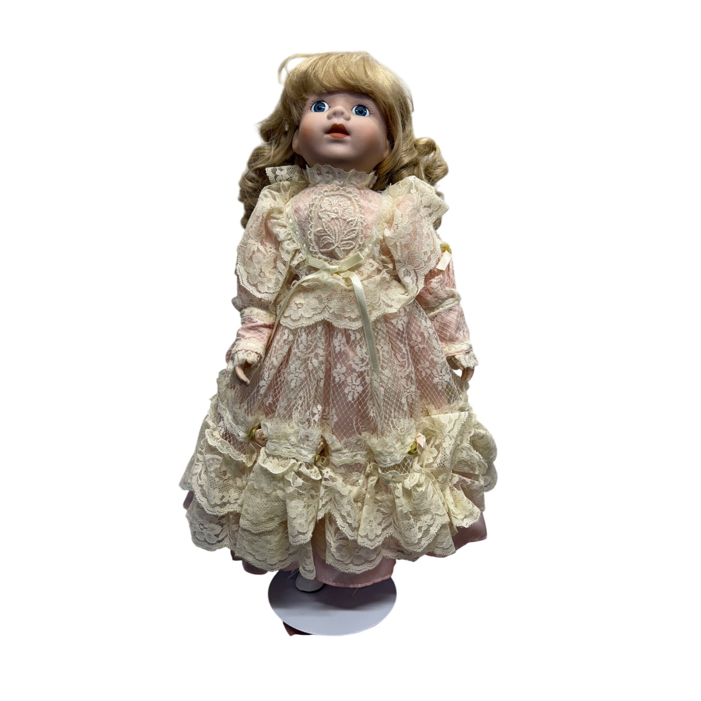 Vintage Porcelain Doll With Blonde Curls & Lace Pink Dress #425B