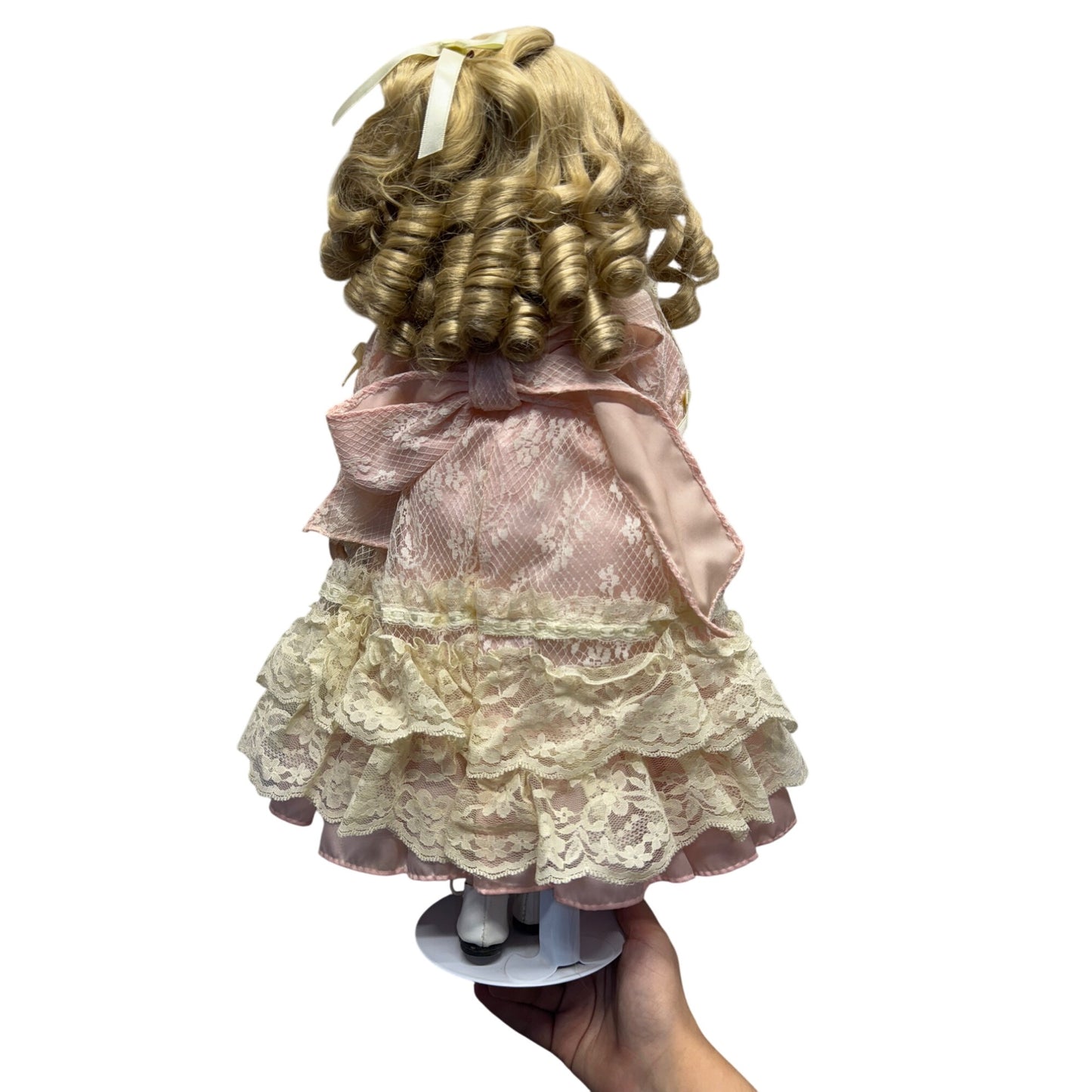 Vintage Porcelain Doll With Blonde Curls & Lace Pink Dress #425B
