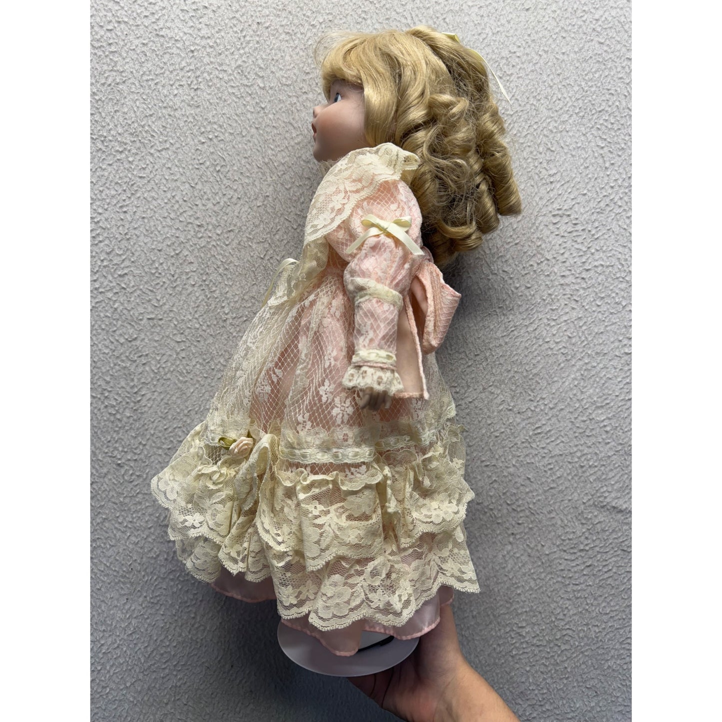 Vintage Porcelain Doll With Blonde Curls & Lace Pink Dress #425B