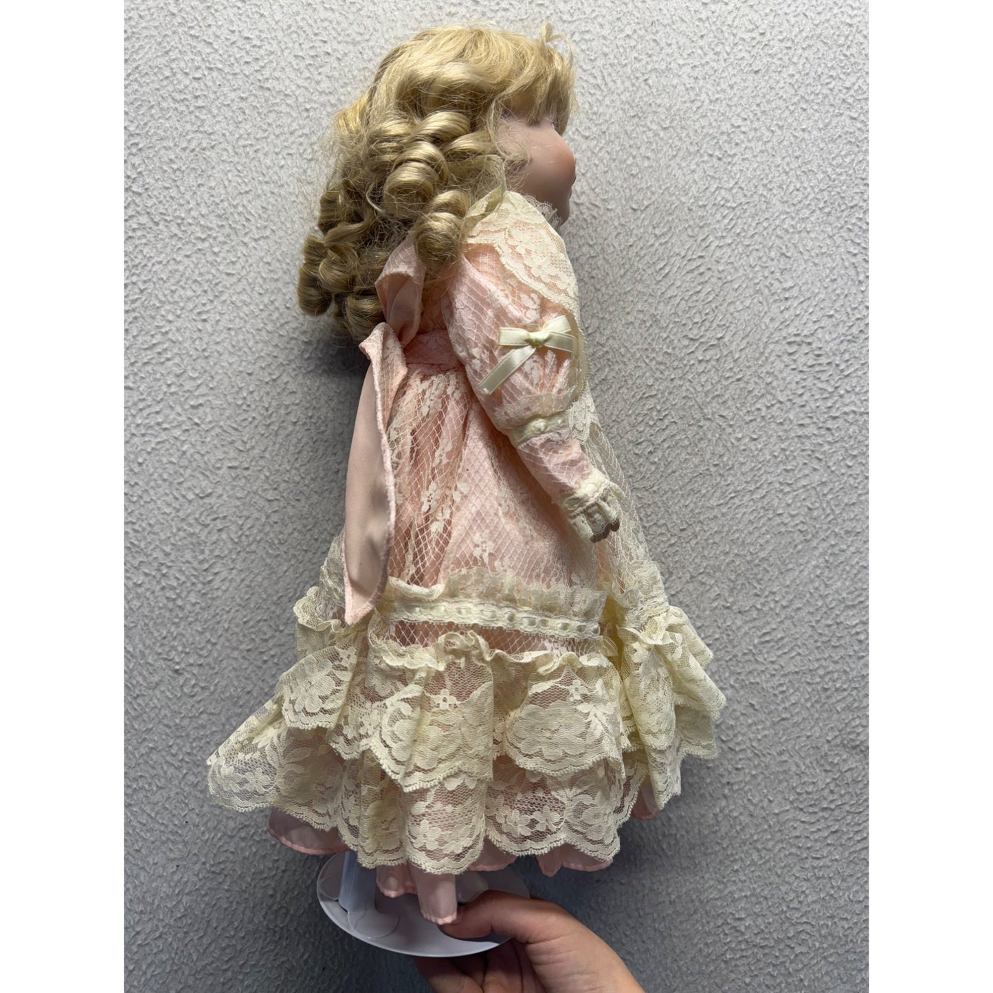 Vintage Porcelain Doll With Blonde Curls & Lace Pink Dress #425B
