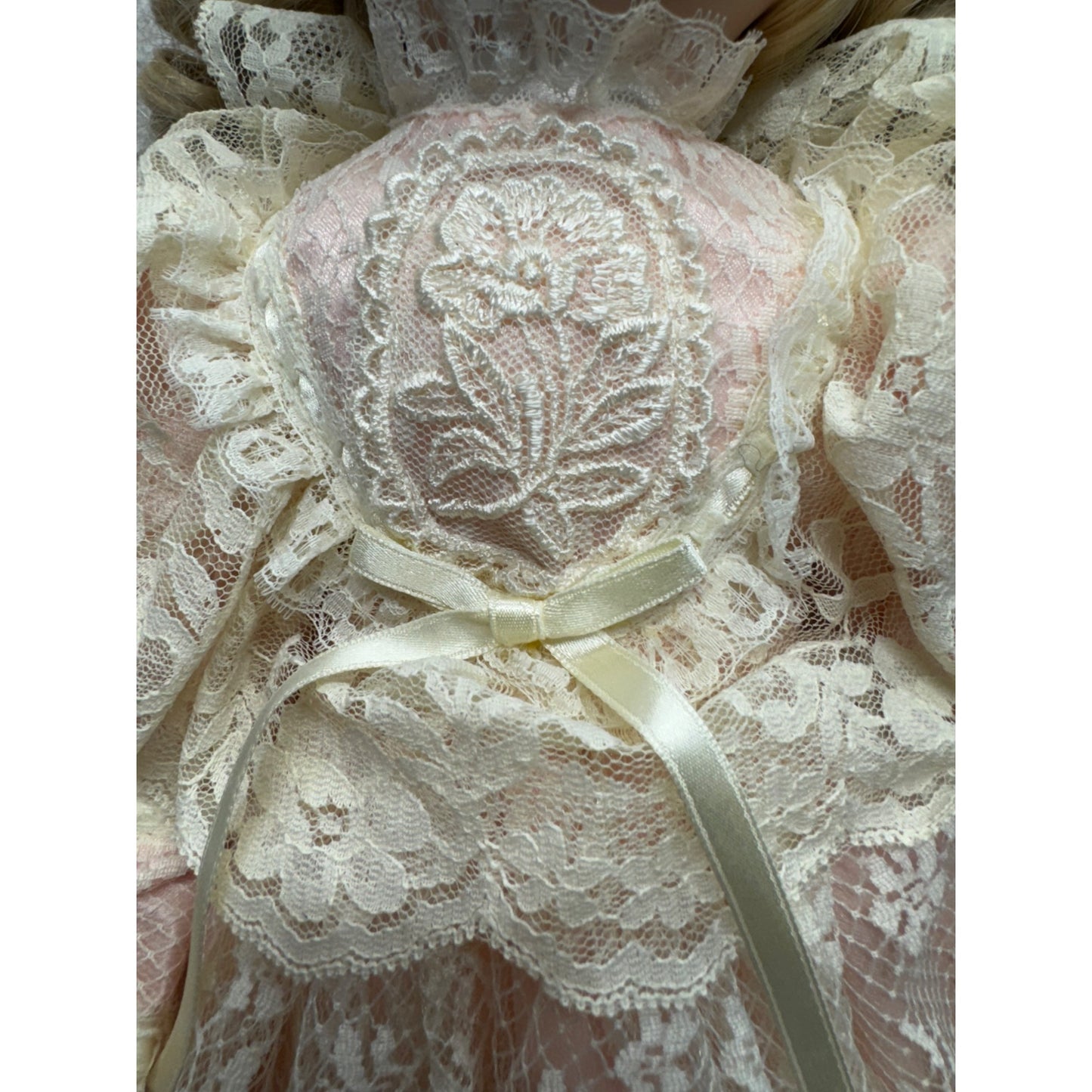 Vintage Porcelain Doll With Blonde Curls & Lace Pink Dress #425B