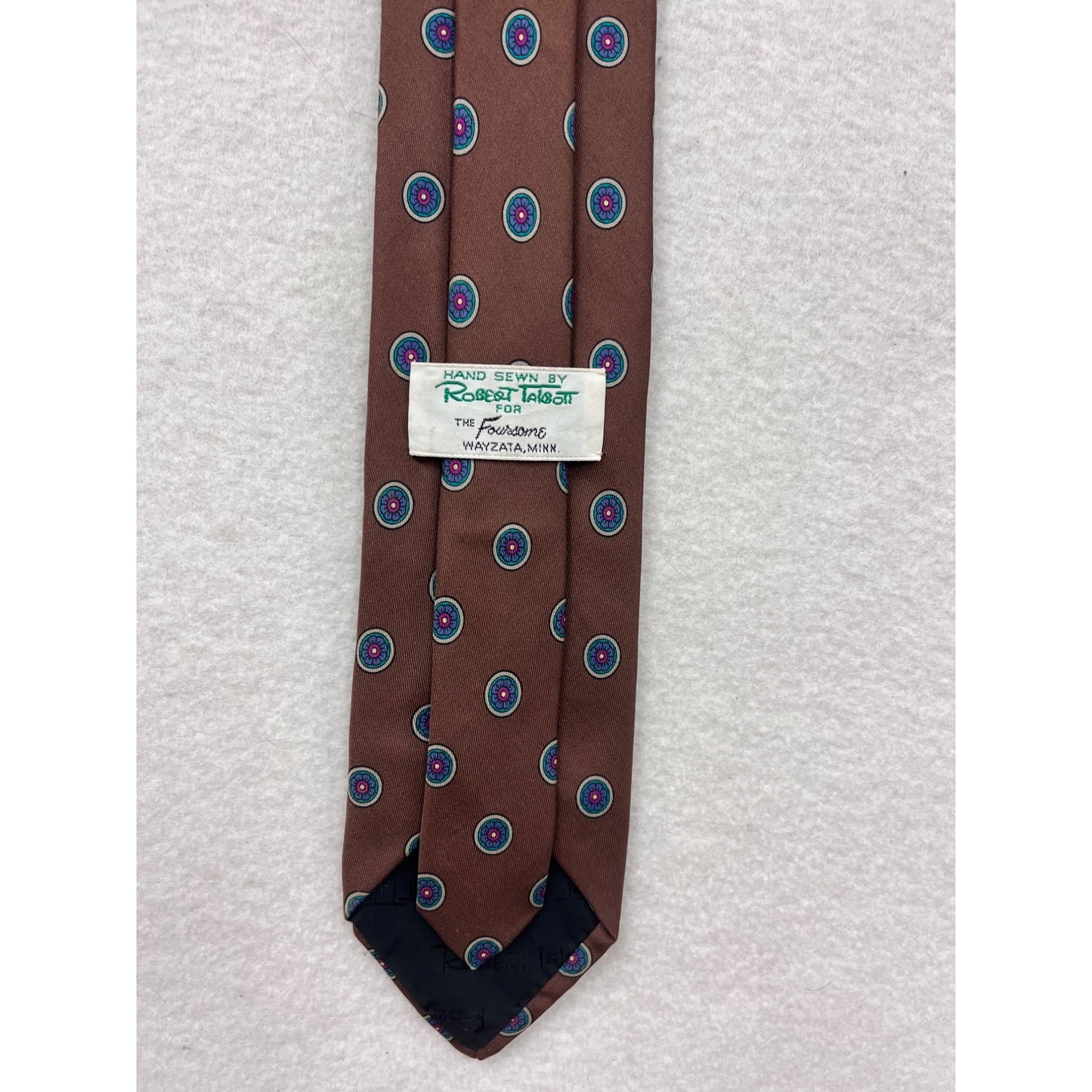 Robert Talbott Brown Silk Tie With Blue & Pink Circular Pattern Hand Sewn In Italy #8661