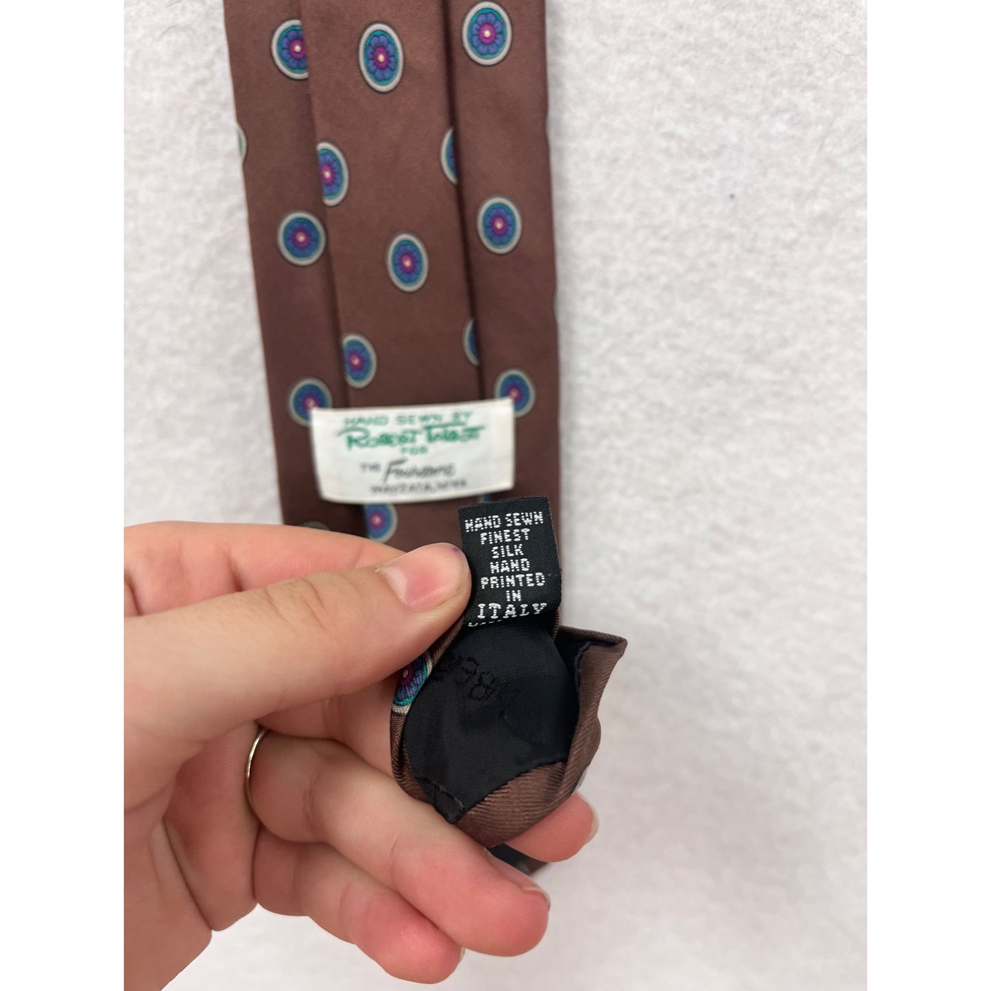 Robert Talbott Brown Silk Tie With Blue & Pink Circular Pattern Hand Sewn In Italy #8661