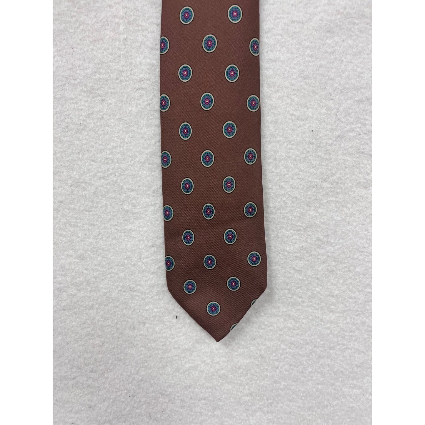 Robert Talbott Brown Silk Tie With Blue & Pink Circular Pattern Hand Sewn In Italy #8661