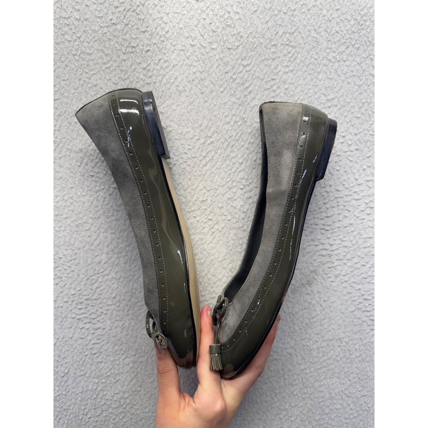 Cole Haan Gray & Olive Suede Patent Leather Ballet Flats Size 7B #9466