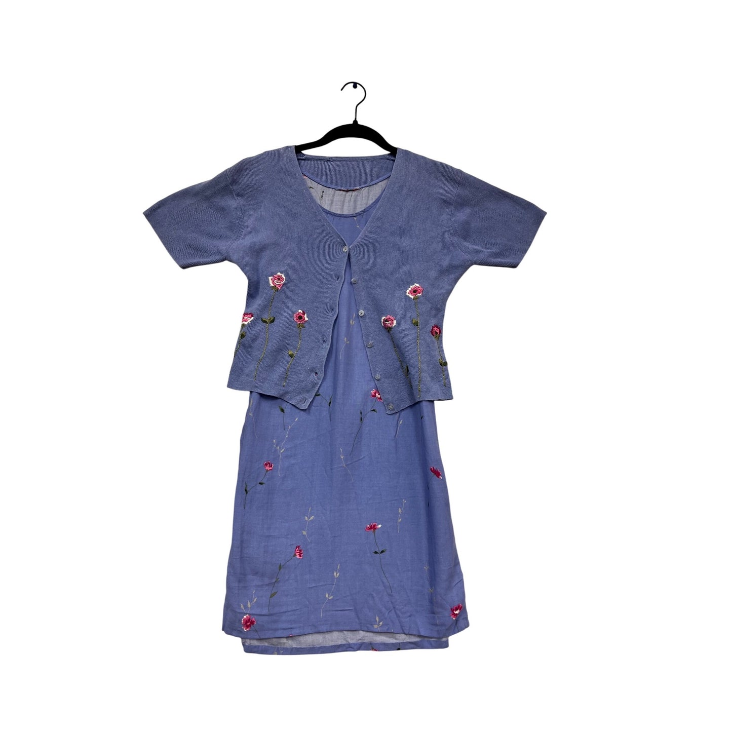 Womens S Purple Embroidered Dress & Cardigan Set With Floral Design #964A