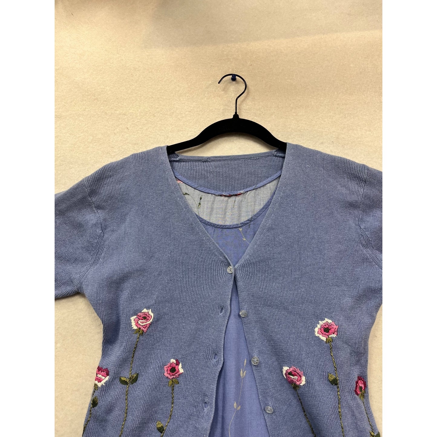 Womens S Purple Embroidered Dress & Cardigan Set With Floral Design #964A