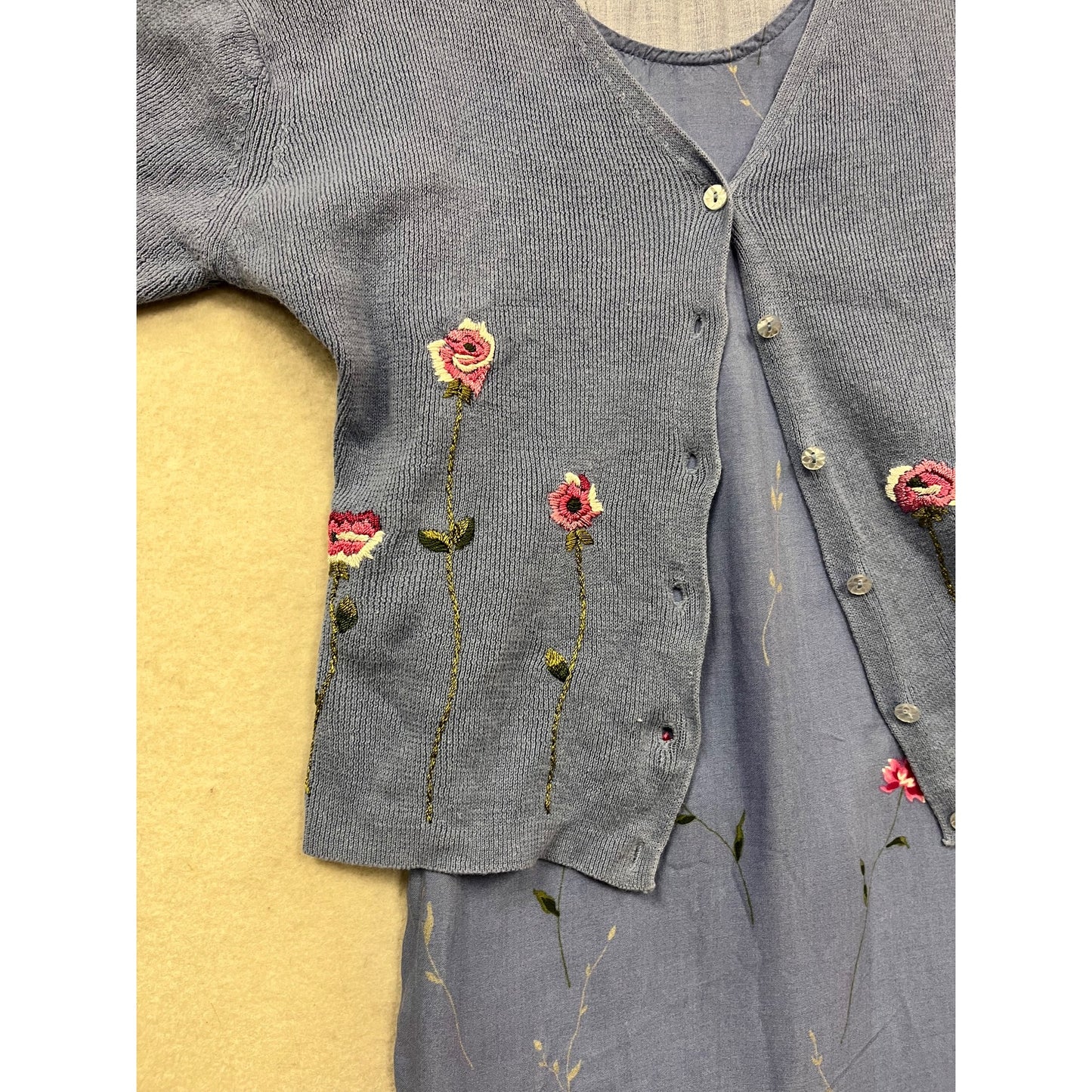 Womens S Purple Embroidered Dress & Cardigan Set With Floral Design #964A