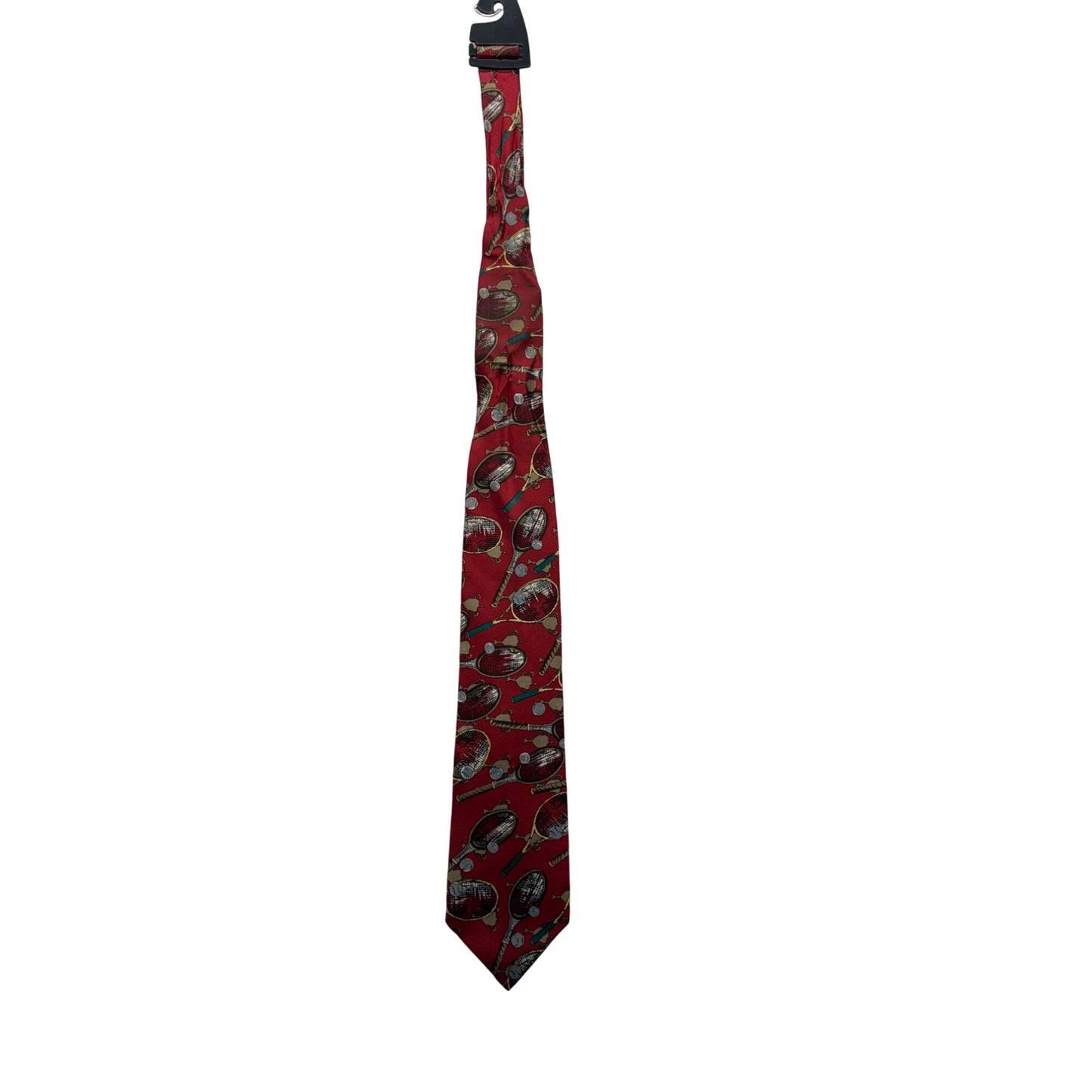 Vintage Izod Red Silk Necktie With Tennis Racket & Ball Pattern #7731