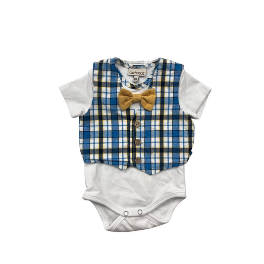 Baby Boys Cachcach Plaid Vest & Bow Tie Short Sleeve One Piece #6277
