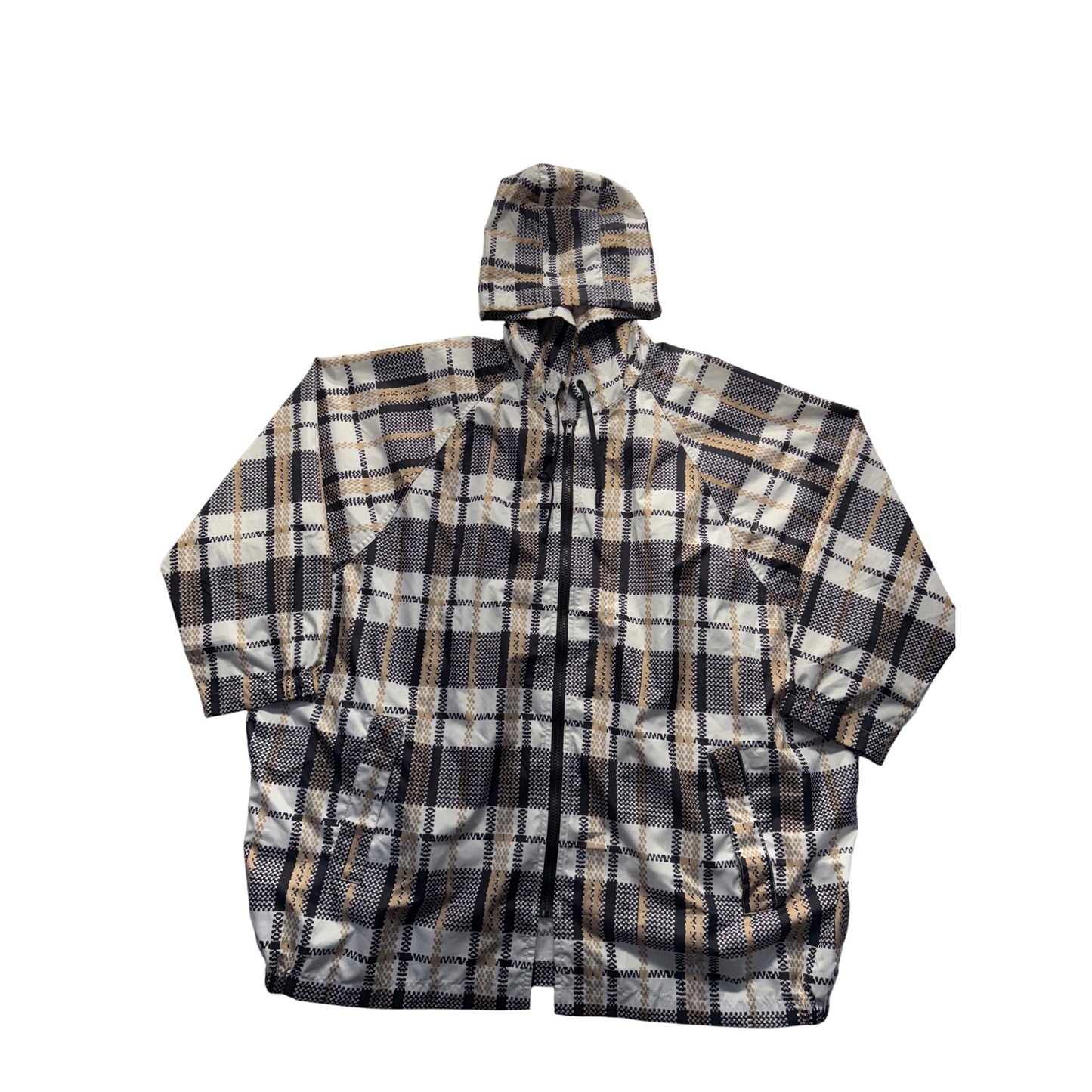 ShedRain Hooded Plaid Rain Poncho Jacket S Lightweight Beige/Black 30"x28" #9354