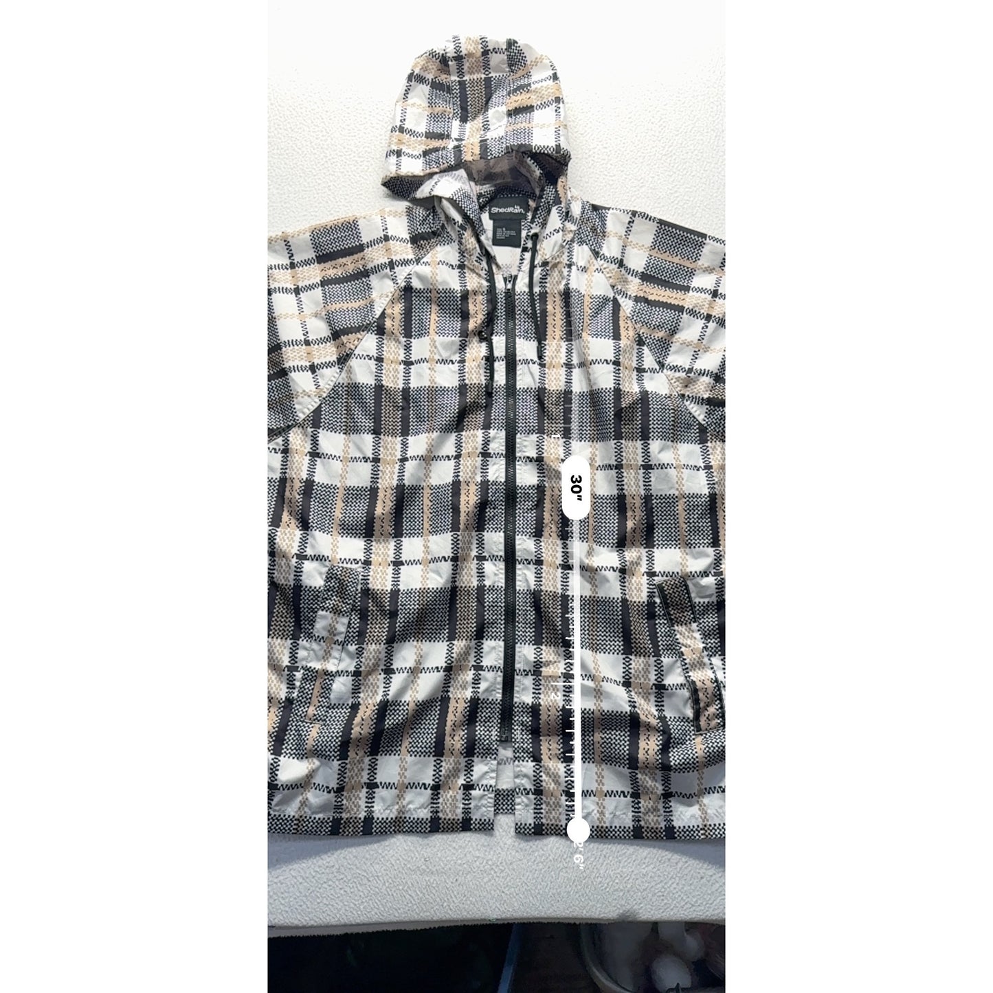ShedRain Hooded Plaid Rain Poncho Jacket S Lightweight Beige/Black 30"x28" #9354