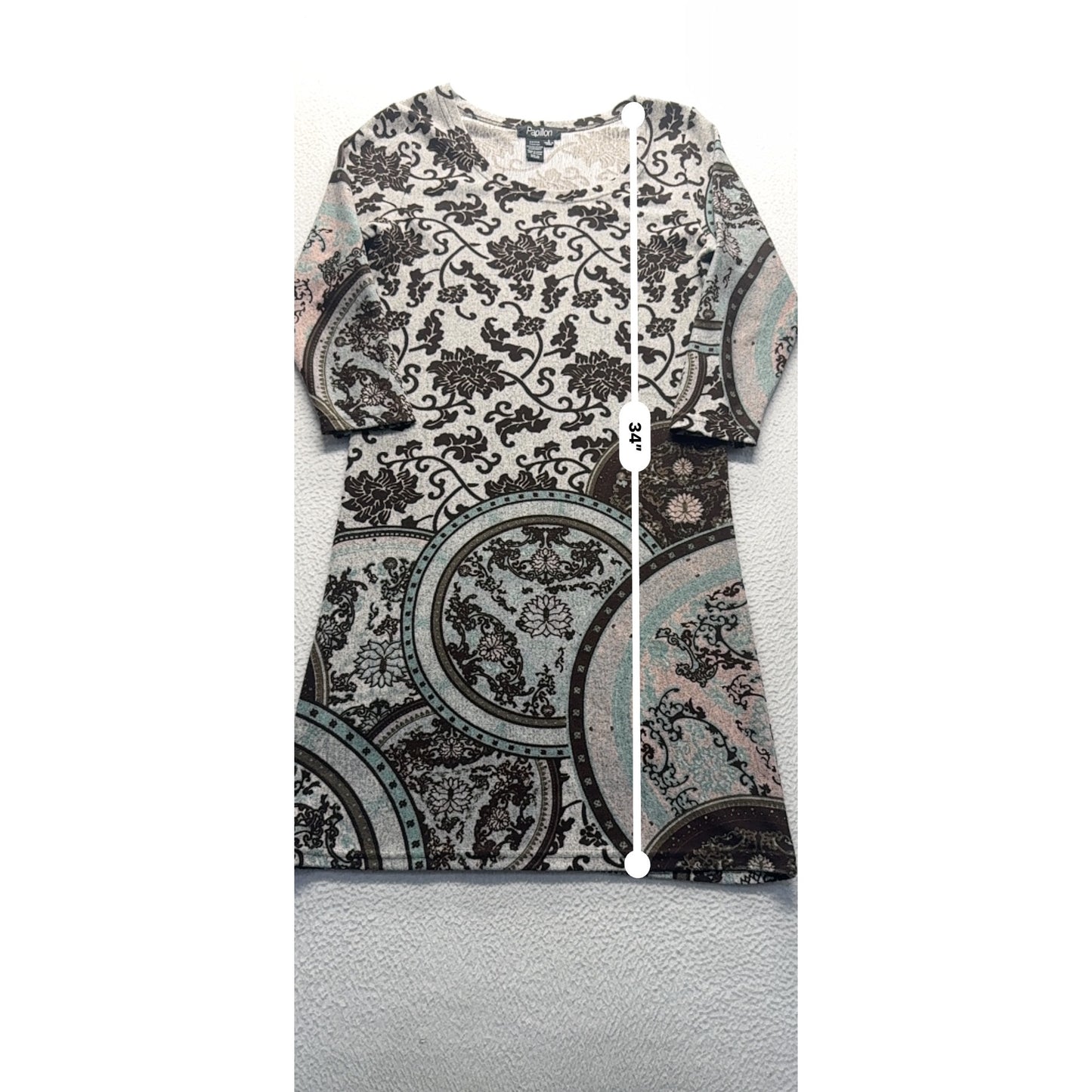 Papillon 3/4 Sleeve Printed A-Line Dress S #9141