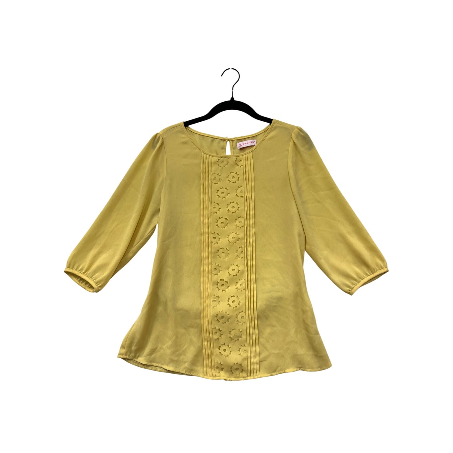 Womens XL Yellow 3/4 Sleeve Blouse With Floral Detail & Back Tie By Dan Chau  #6498