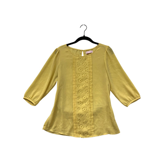 Womens XL Yellow 3/4 Sleeve Blouse With Floral Detail & Back Tie By Dan Chau  #6498